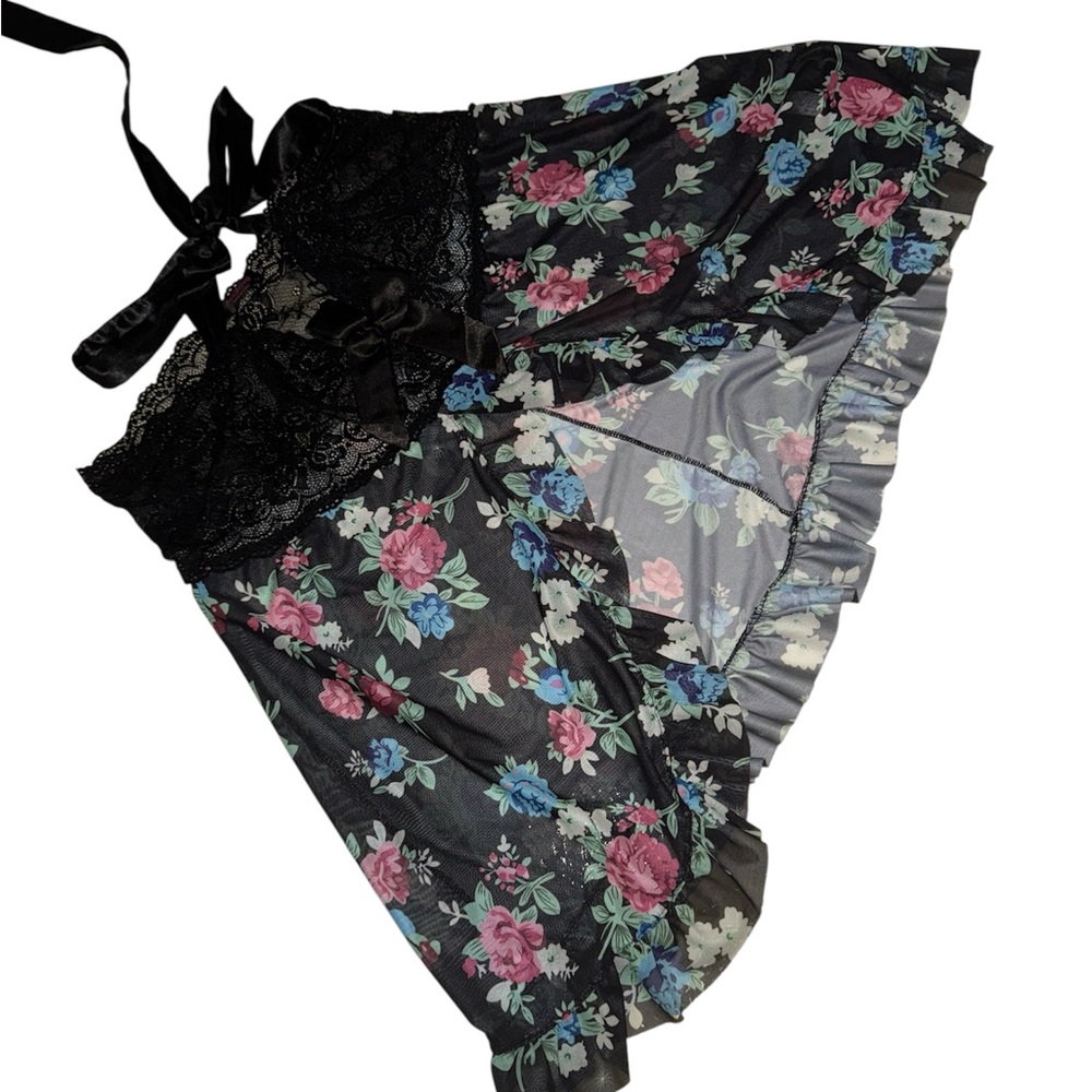 X XL BLACK Floral Lace Trim Nightgown TIE at back